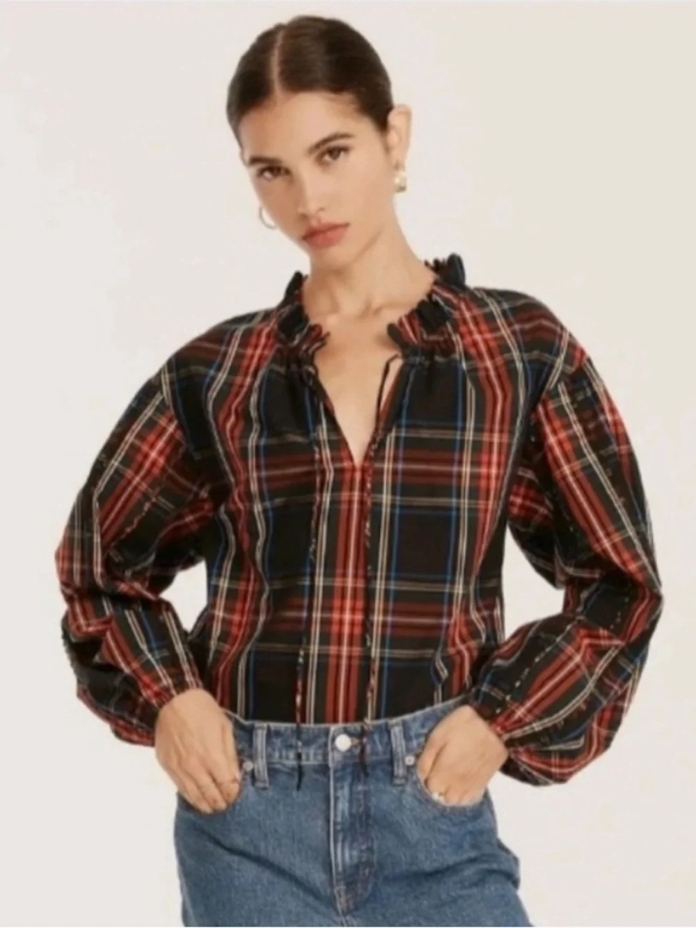 J.Crew Stewart Tartan Plaid Tie Neck Ruffle Blouse Top XS